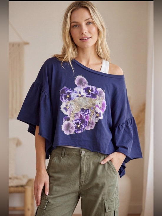 Hand Crafted Tops - Hand Crafted Navy Sweatshirt with Purple Floral Design
